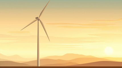 Obraz premium Technician climbing a wind turbine tower at sunrise, flat vector style, warm tones