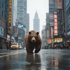 Imposing bear walking steadily down a bustling Taipei city street, symbolizing a declining market, surrounded by tall buildings, modern urban environment, overcast skies