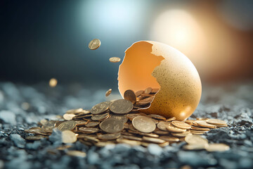 Returns and dividends from investing in good stocks, A golden egg cracking open with coins pouring out, symbolizing wealth.