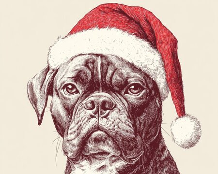 recommend clip art: Line art illustration of a hand drawn dog with a disgusted expression adorned with a festive Santa hat