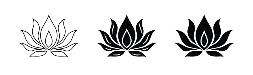 Lotus flower silhouette logo. Set black lotus symbol isolated on white background. Lotus vector icon, sign yoga and meditation for spa salon