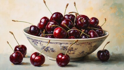 Oil painting depicting fresh organic cherries in a ceramic bowl emphasizing healthy eating with a selective focus on the vibrant fruit and elegant bowl