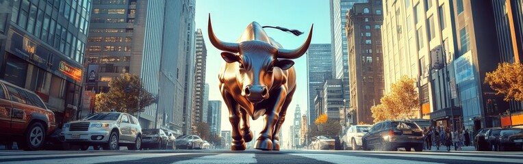 Powerful bull striding confidently down a bustling Taipei city street, symbolizing a rising market, surrounded by tall buildings, modern urban environment, blue skies