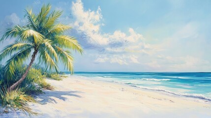 Oil painting depicting a serene beach scene with white sand and coconut palms showcasing a panoramic view ideal for travel and tourism themes