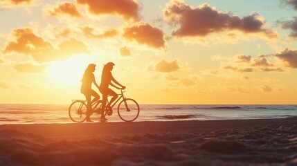 Obraz premium Two cyclists enjoy a sunset ride along the beach, creating silhouettes against a vibrant sky and ocean waves during golden hour