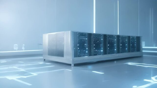 Future Server Room with Blue Light Pulsing on the Floor