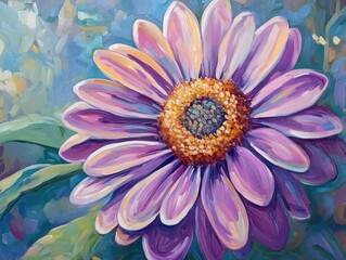 Close up oil painting of a decorative lilac daisy showcasing its vibrant details within a garden setting