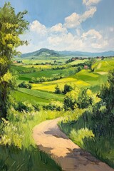 Obraz premium Oil painting depicting a lush green field and agricultural landscape