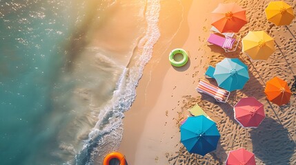 A high-resolution aerial view of a beach scene with colorful umbrellas, sunbeds, and a swimming ring on the sandy shore at sunset.