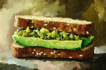 Close up oil painting of a homemade avocado sandwich paired with passion fruit juice ideal for backgrounds or wallpapers focusing on healthy eating and sandwiches