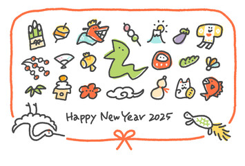 蛇とたくさんの縁起物の年賀状イラスト　和風　日本　蛇年　正月