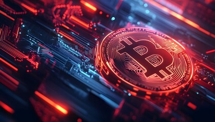 Glowing Bitcoin on a Futuristic Circuit Board