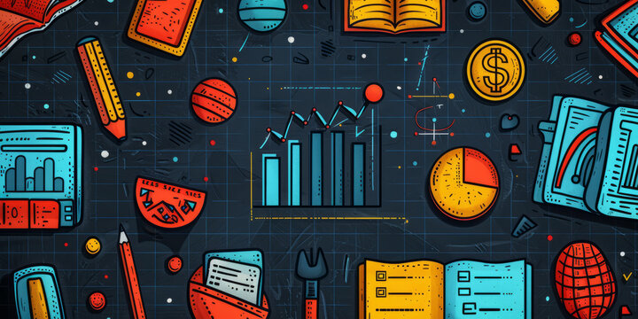 school education, ambitious geometric shapes and symbols, business studies, money and graphs, layout.