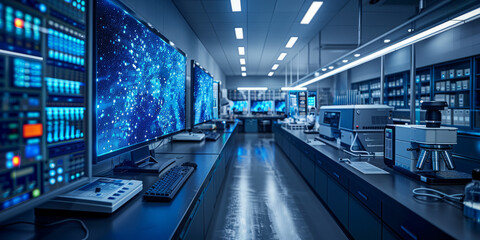 high-tech laboratory focused on AI research, with advanced machinery and digital displays.