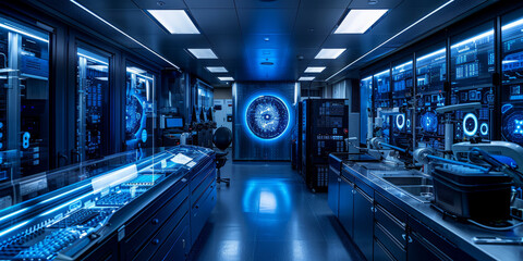 high-tech laboratory focused on AI research, with advanced machinery and digital displays.