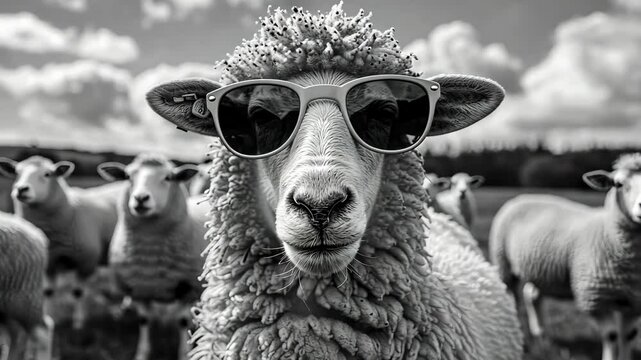 Sheep wearing sunglasses in a field with other sheep, humorous concept