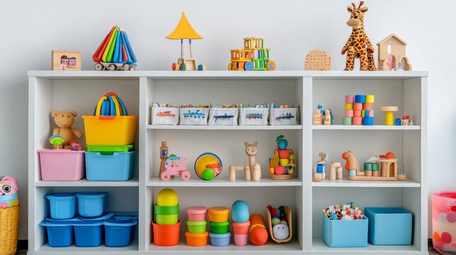 A white bookshelf filled with colorful wooden toys and storage containers. This is a great example of how to organize and store things in a nursery.