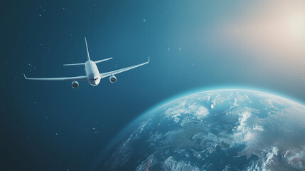 Obraz premium airplane flying around a blue Earth globe, emphasizing global tourism, international routes, and the excitement of traveling across continents. Ideal for airline, transportation, a