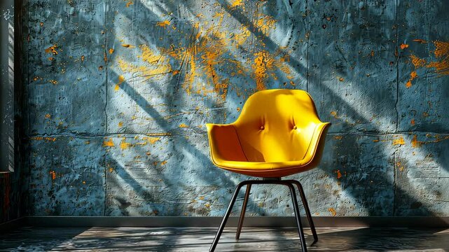 Yellow chair against a textured wall with sunlight, modern interior design concept