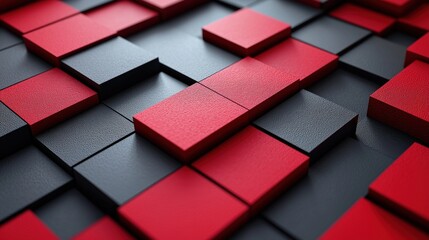 Geometric 3D red squares, arranged in a seamless grid, high contrast, soft depth of field. Abstract and Minimalistic Design Backgrounds
