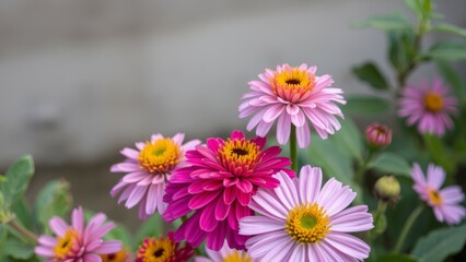 Obraz premium Delicate pink and magenta flowers bloom in a garden.