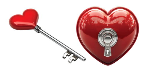 Pack of heart shaped padlock and key, love romance, Valentine's Day themes set against transparent background