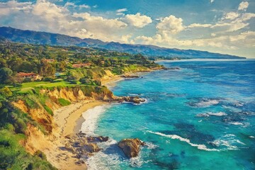 Fototapeta premium Aerial view of a picturesque shoreline captured in an oil painting style