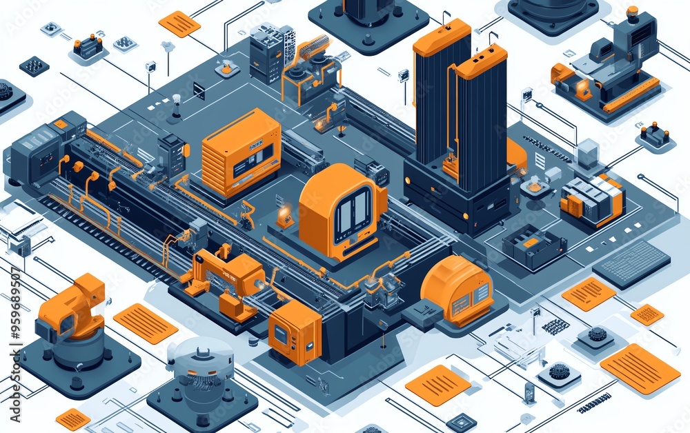 Poster visual of industrial automation and workflow optimization, with checkboxes representing streamlined 