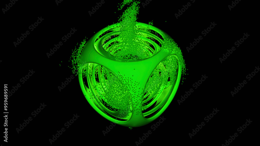 Poster abstract cube with flying particles inside. design. complex structure on a black background.