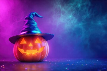 Fototapeta premium Glowing Halloween pumpkin with witch hat on a purple and blue background, spooky jack-o'-lantern, eerie festive design for autumn holiday, atmospheric night scene with Halloween decor