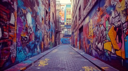 Fototapeta premium Narrow alleyway with brick walls covered in colorful graffiti, leading to a brightly colored building in the distance.