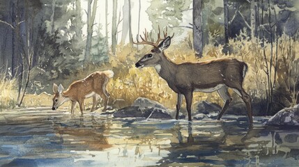 Obraz premium Majestic Deer Family by the Water: A Serene Watercolor Representation of Nature's Beauty