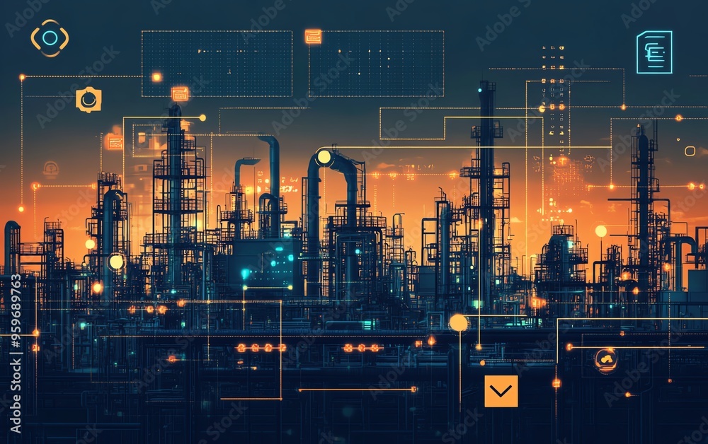 Poster visual of industrial automation and workflow optimization, with checkboxes representing streamlined 