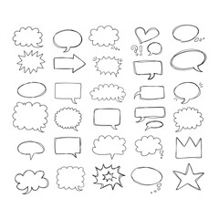  Speaking hand drawn doodle bubbles set. Talk clouds sketch frames. Speech thought Balloon shapes.