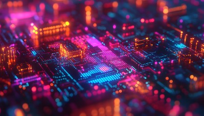 Obraz premium Abstract Circuitry with Neon Lights and Bokeh Effect