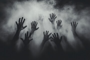 Spooky hands reaching out from thick fog, eerie Halloween-themed background with hand shadows on a misty wall, haunting and creepy scene, atmospheric design for horror and Halloween visuals