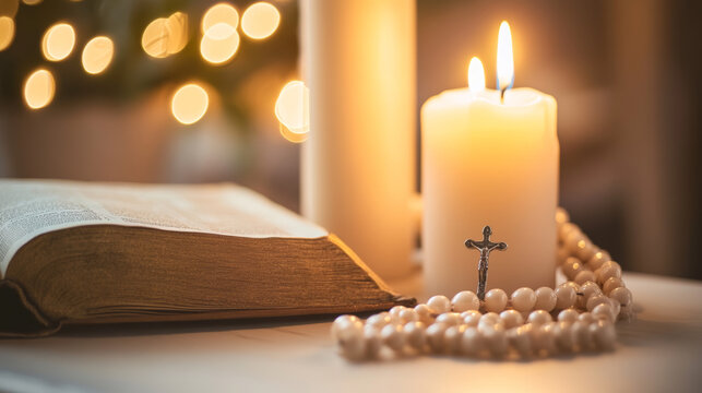 A white table holds a book, a burning candle, and rosary beads.