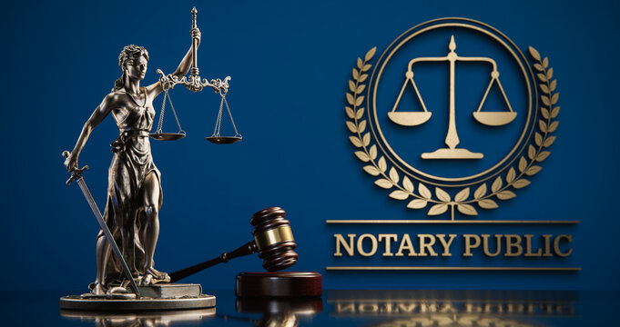 Notary Public: Themis and judge's gavel in the background of a golden icon with scales and text
