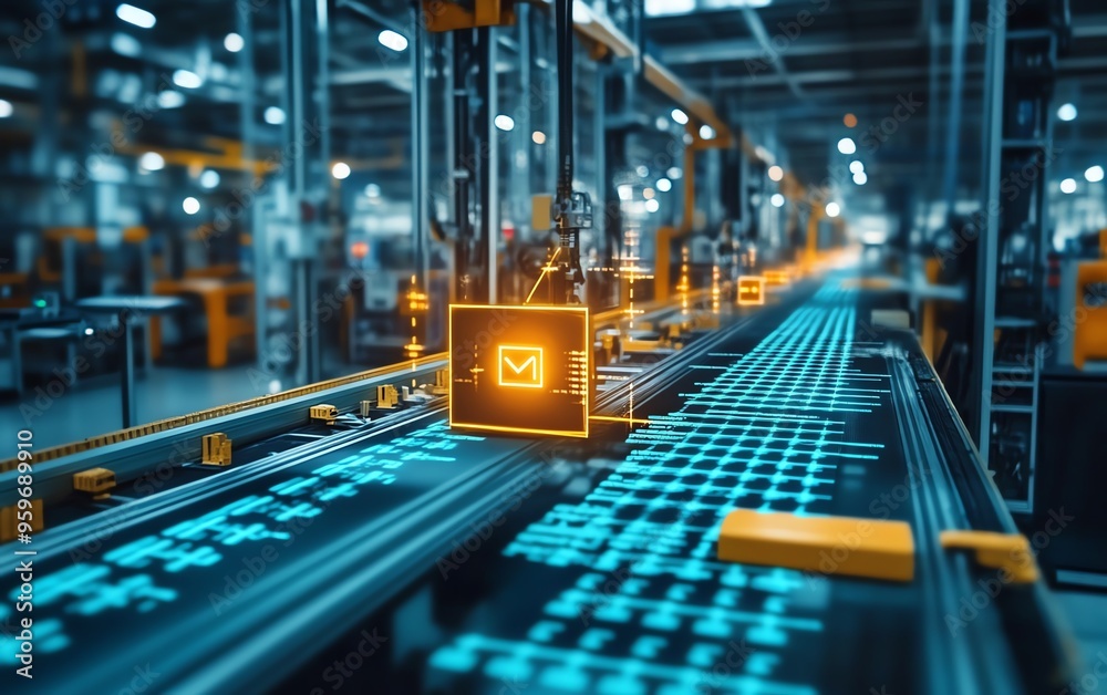 Poster visual of industrial automation and workflow optimization, with checkboxes representing streamlined 