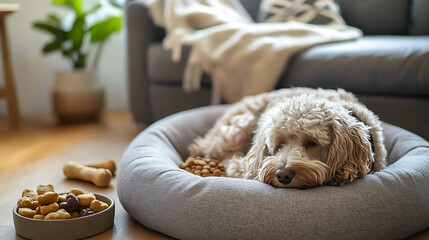 A Cozy Living Room HavenFluffy Dog Nestled on Plush Bed Surrounded by Gourmet Treats and Inviting Decor