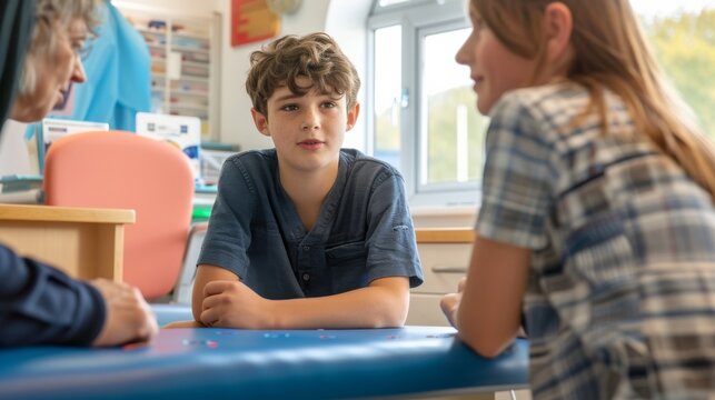 A young boy sits attentively during a discussion with two adults in a bright, friendly space. Their expressions show concern and care.