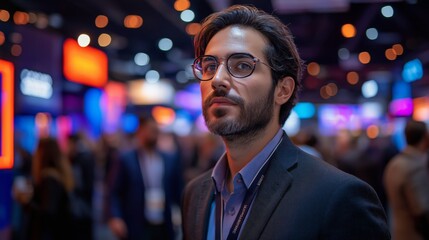 Fototapeta premium Confident Businessman in Glasses Standing in Modern Technology Expo, Surrounded by Vibrant Lights and Blurred Crowd in Background, Focused on Future Opportunities