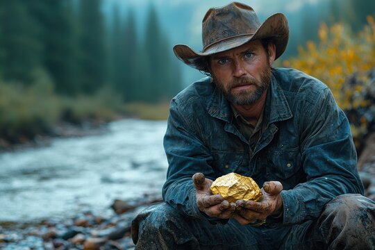 Lone prospector kneels by a riverbed at dawn holding a golden nugget