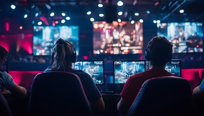 Three Gamers Focused on Computer Screens in a Dark Room
