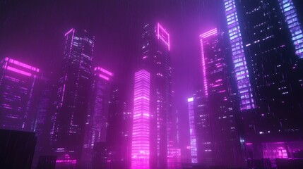 Neon city skyline with rain.