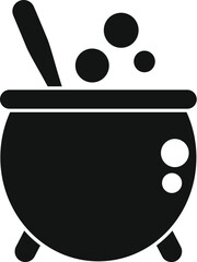 Black and white silhouette of a cauldron, with a magic potion bubbling inside and a wooden spoon