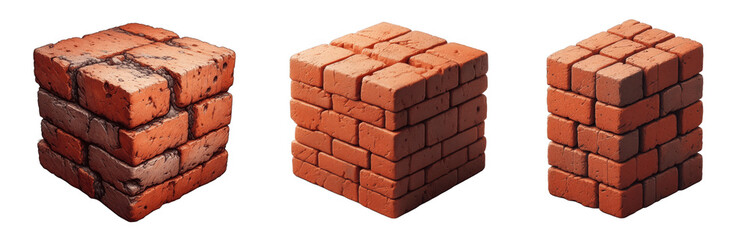 Obraz premium Collection of stack of red bricks isolated on transparent background, PNG Image Building material design elements 