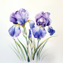 Two violet purple watercolour iris spring summer flower illustration on white backdrop. Floral blossom concept