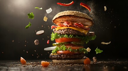 Falling burger with meat, lettuce, and cheese slices flying around on a dark background, pieces of tomato and onion falling from the sky, ketchup dripping down
