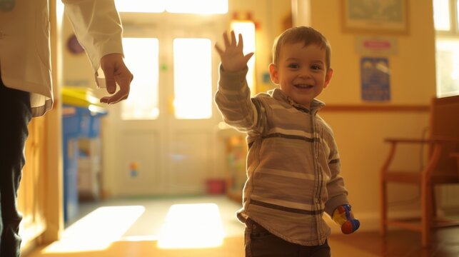 Happy child waving goodbye in a bright room, capturing the joy of childhood and the warmth of a sunny day